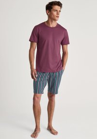 Mannelijke kortemouw maroon t-shirt gecombineerd met meerkleurige gestreepte shorts met verticale strepen in blauw, groen en wit.