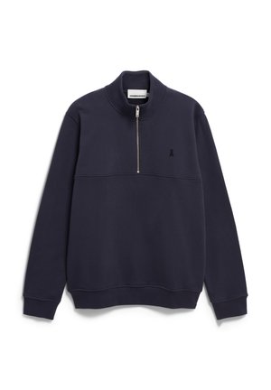 Navy blue pullover sweatshirt made of cotton blend, featuring a half-zip collar, ribbed cuffs and hem, and a small embroidered logo.