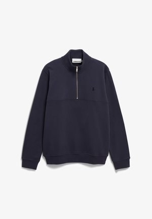 Marineblaues Pullover-Sweatshirt aus Baumwollmischung, mit einem halben Reißverschluss-Kragen, gerippten Bündchen und Saum sowie einem kleinen gestickten Logo.