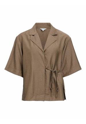 Blouse marron à manches courtes avec col et détail de nouage sur le côté, en tissu léger et texturé.