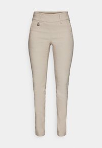 Beiga slim-fit byxor med hög midja, featuring en framficka, dekorativ sömnad och silverfärgade detaljer.