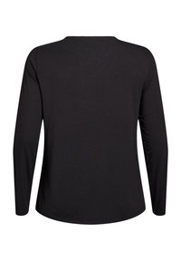 Svart långärmad topp med rund halsringning. Tillverkad i mjukt material, med en enkel design och rak fåll längst ner. Inga synliga detaljer.