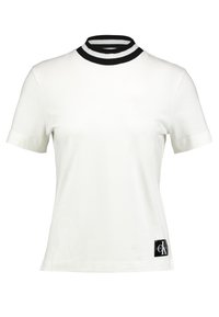 Vit kortärmad T-shirt med svart och vit randig hög krage och en CK-logga på nederkanten till vänster. Mjuk tygkvalitet.