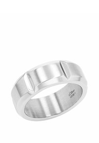 Anillo de plata con una banda plana de acabado cepillado, dos detalles en forma de diamante en lados opuestos y una superficie interior pulida.