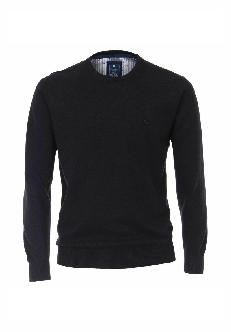 Dunkelblauer Rundhalsausschnitt-Pullover aus weichem Material, mit langen Ärmeln und gerippten Bündchen und Saum, sowie einem kleinen Logo auf der Brust.