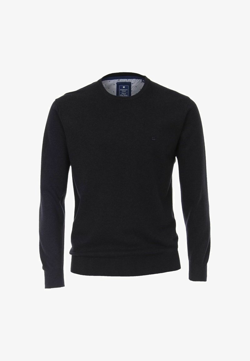 Dunkelblauer Rundhalsausschnitt-Pullover aus weichem Material, mit langen Ärmeln und gerippten Bündchen und Saum, sowie einem kleinen Logo auf der Brust.