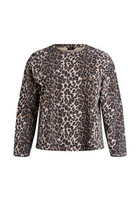 Leopard print long-sleeve top in a soft, textured fabric. Crew neckline and relaxed fit, featuring various shades of brown and black spots.