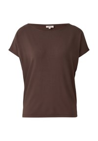 Lichtbruine T-shirt met korte mouwen, gemaakt van een soepele stof met een ontspannen pasvorm en een wijde halslijn, voorzien van subtiele stiksels aan de onderkant en mouwen.