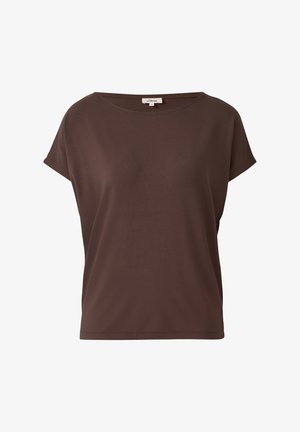 Brown short-sleeve top made of smooth fabric with a relaxed fit and wide neckline, featuring subtle stitching at the hem and sleeves.
