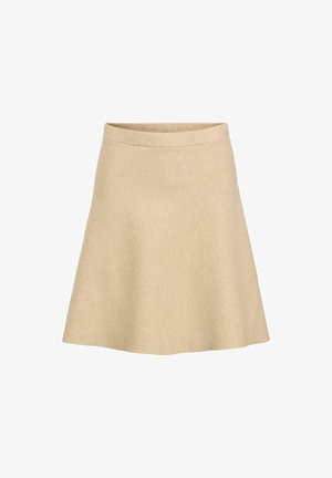 En beige, klokket nederdel lavet af et tekstureret stof med høj talje og en glat kant, designet til en simpel og ren silhuet.