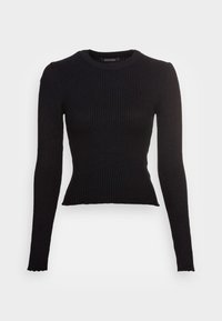 Pull noir à manches longues côtelé avec une coupe ajustée, un col rond et des détails en bord festonné. Texture douce avec élasticité.