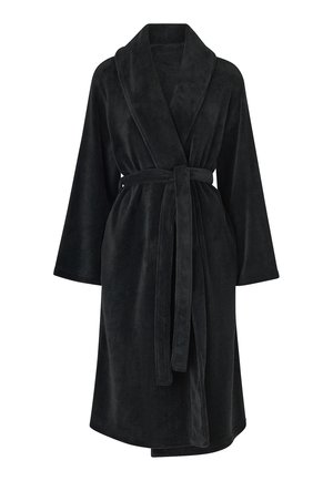 Schwarzer Bademantel aus weichem, plüschigem Stoff. Hat einen breiten Kragen, lange Ärmel und einen passenden Gürtel für einen sicheren Verschluss. Weiche Textur.