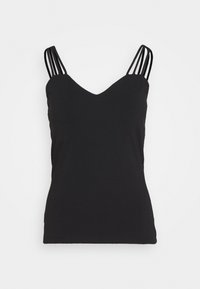 Top senza maniche nero con scollatura a V, caratterizzato da tre sottili cinghie su ciascun spalla per un tocco di classe. Realizzato in tessuto leggero e morbido.