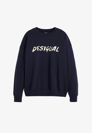 Tumesinine dressipluus ümarate õlgadega, millel on ringikujuline kaelus ja ees kreemivärvi, julge, tekstuuriga lettering "DESIGUAL".