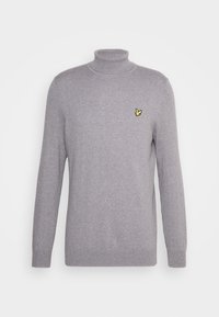 Szary sweter typu golf wykonanego z miękkiego materiału. Posiada długie rękawy oraz małe, żółte haftowane logo na lewej piersi.