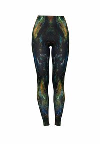 High-waisted leggings in a stretchy fabric feature a colorful abstract pattern with black base, varying brushstroke textures, and a fitted design.
