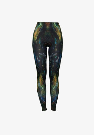 Des leggings taille haute en tissu extensible présentent un motif abstrait coloré sur un fond noir, avec des textures de coups de pinceau variées et une coupe ajustée.