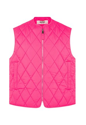 Bright pink quilted sleeveless vest with front zipper and side pockets, featuring a round neckline and diamond stitching pattern.