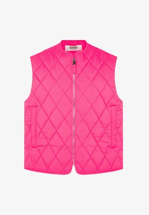 Bright pink quilted sleeveless vest with front zipper and side pockets, featuring a round neckline and diamond stitching pattern.