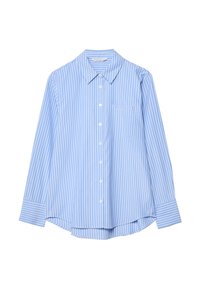 Light blue button-up shirt with white vertical stripes, long sleeves, a collar, and a single chest pocket. Smooth fabric with a relaxed fit.