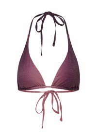 Biustonosz bikini w stylu halter w gradientowym odcieniu fioletu ze metalicznym połyskiem, z trójkątnymi miseczkami, marszczonymi brzegami i zapięciem na sznurek z tyłu.
