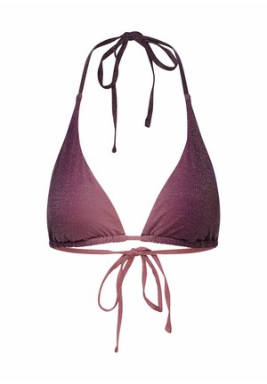 Halter-Bikinioberteil in Verlaufspurple mit metallischem Schimmer, ausgestattet mit triangelförmigen Cups, gerafften Kanten und einem Bindebandverschluss im Rücken.