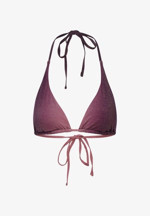 Biustonosz bikini w stylu halter w gradientowym odcieniu fioletu ze metalicznym połyskiem, z trójkątnymi miseczkami, marszczonymi brzegami i zapięciem na sznurek z tyłu.