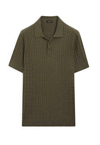Polo shirt a maniche corte lavorato a maglia in verde oliva, con un motivo a coste testurizzate e un colletto classico con due bottoni.