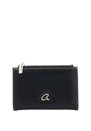 Portafoglio rettangolare in pelle nera con cuciture bianche e cursore della cerniera argentato, con logo stilizzato "a" in argento al centro della parte anteriore.