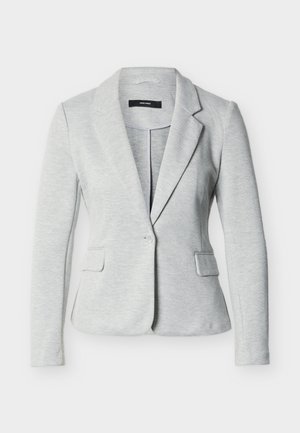 Light gray women's blazer with notch lapels, single button closure, and two front flap pockets, laid flat on a white background.