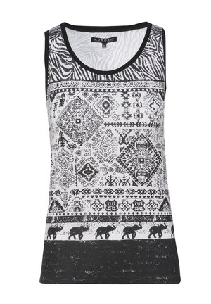 Juodas ir baltas be rankovių topas su ornamentiniu dizainu, kurį puošia geometriniai raštai ir drambliai, apjuostas solidžia juoda apdaila.