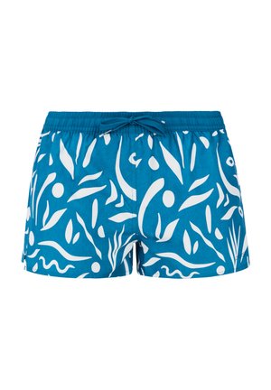 Shorts de bain turquoise avec un motif abstrait blanc. Comprend une taille élastique et un cordon de serrage pour un ajustement réglable.