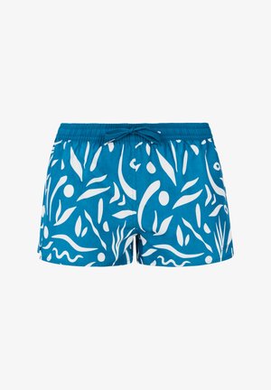 Shorts de bain turquoise avec un motif abstrait blanc. Comprend une taille élastique et un cordon de serrage pour un ajustement réglable.