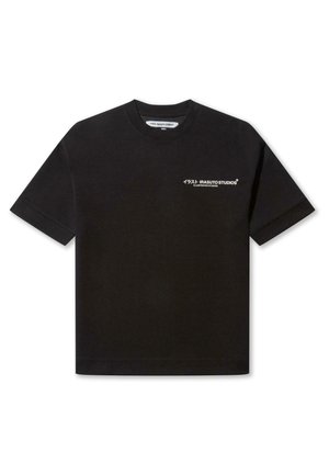 T-shirt nera in cotone con maniche corte, caratterizzata da testo bianco in giapponese e in inglese sul davanti. Collo a giroclassico.
