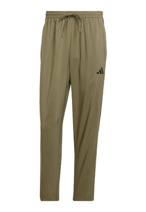 Olivovo zelené športové nohavice s elastickým pásom a sťahovacou šnúrkou, zúženými nohavicami a čiernym logom Adidas na pravom stehne.