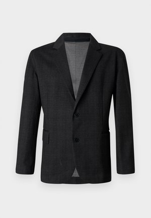 Donkergrijze op maat gemaakte blazer met een gladde textuur, een enkelvoudig knoopdesign, gesneden revers en twee voorkruiszakken. Heeft twee knopen.