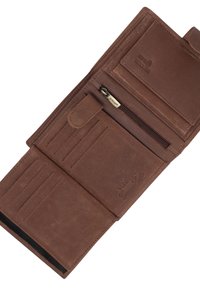 Brun læderpung med flere kortlommer, en lynlåslomme og præget branding. Glat tekstur med fold-over lukning.