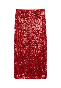 Gonna rossa in paillettes con silhouette dritta. La superficie è coperta di paillettes vivaci e riflettenti, creando un effetto testurizzato e luccicante.