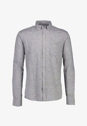 Grijs overhemd met knopen, gemaakt van een gestructureerde stof. Heeft een borstzak, een knoop-down kraag en lange mouwen met knoopsluitingen.