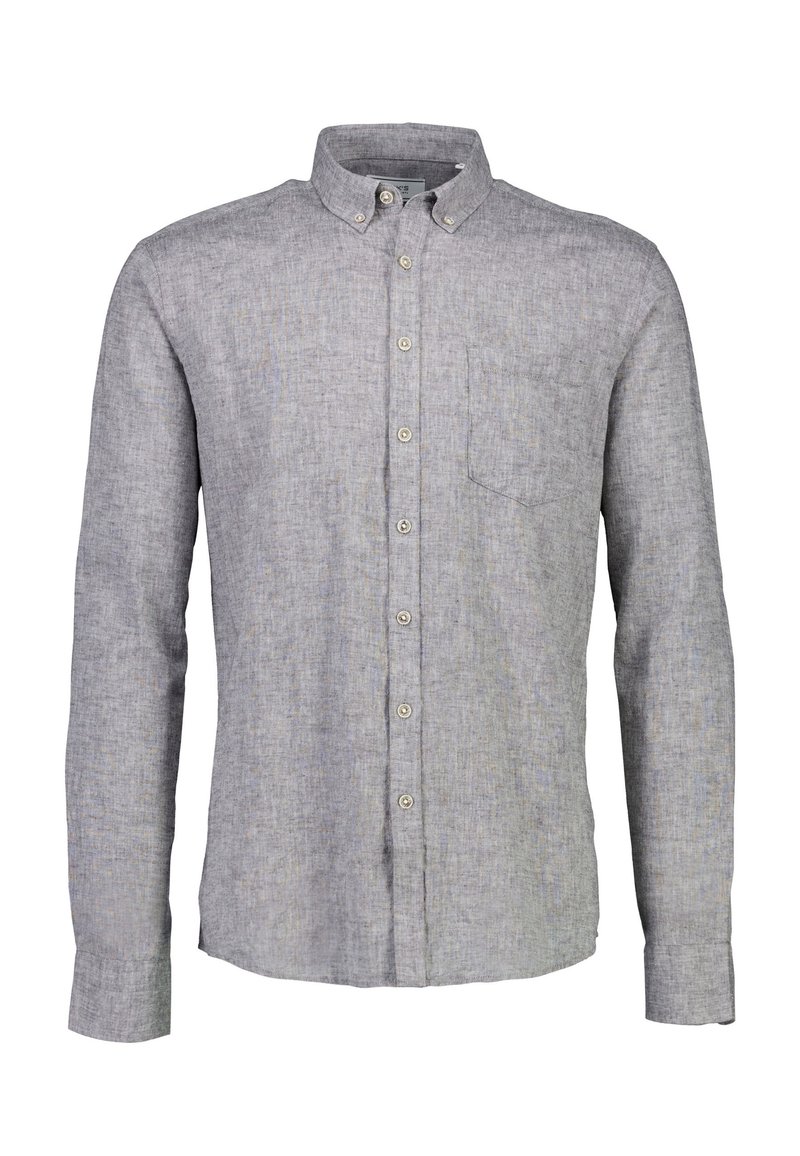 Graues Hemd mit Knopfleiste aus strukturiertem Stoff. Verfügt über eine einzelne Brusttasche, einen Button-Down-Kragen und lange Ärmel mit geknöpften Manschetten.