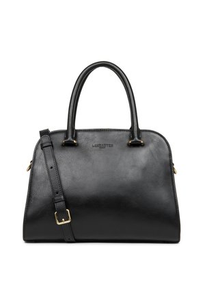 Zwarte leren handtas met dubbele ronde handvatten, afneembare schouderriem en gouden hardware accenten. Glad oppervlak, gestructureerde vorm.