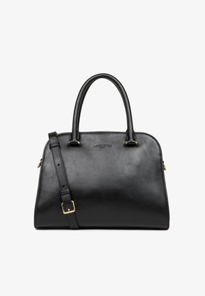 Borsa a tracolla in pelle nera con doppio manico tondo, tracolla rimovibile e dettagli in metallo dorato. Texture liscia, forma strutturata.