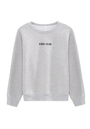 Grey sweatshirt with a crew neck, ribbed cuffs, and hem. Features black text "COOL CLUB" printed on the front center. Soft texture.