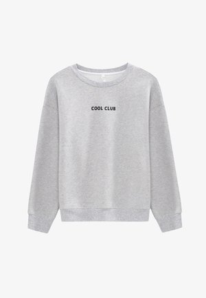 Grey sweatshirt with a crew neck, ribbed cuffs, and hem. Features black text "COOL CLUB" printed on the front center. Soft texture.