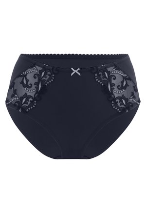 Culotte taille haute de couleur bleu marine foncé avec des panneaux en dentelle transparente ornés de motifs floraux, embellie de perles et d'un nœud décoratif gris à l'avant.