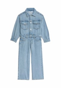 Lichtblauwe denim overall met lange mouwen, kraag, twee voorzakken, knopen sluiting en wijde broekspijpen. Glad materiaal en casual pasvorm.