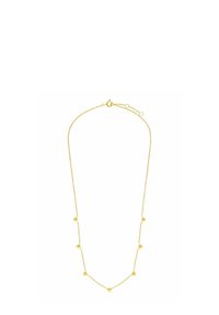 Gold-toned necklace with a delicate chain, featuring alternating small heart-shaped accents and adjustable length for fit.