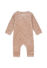 Langärmeliger Jumpsuit aus einem weichen, hellrosa Stoff, der ein gesprenkeltes Muster in dunkelbraun aufweist, mit rundem Halsauschnitt und Fußteil.