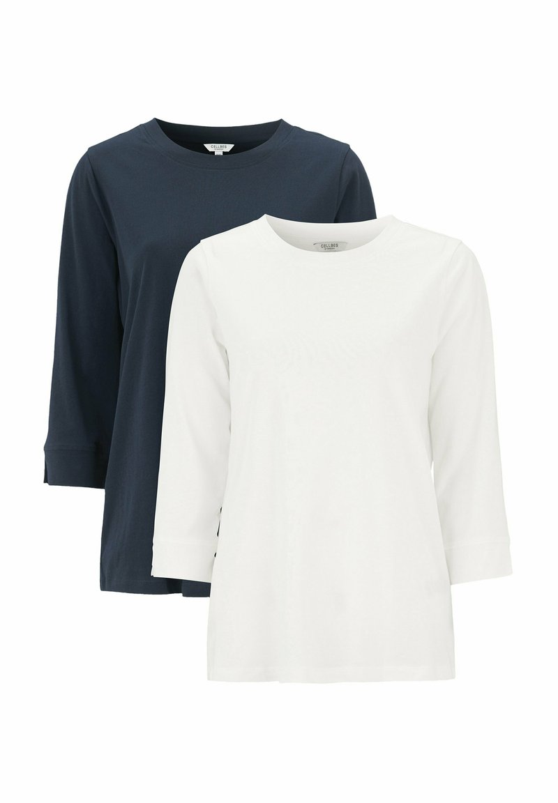 Zwei T-Shirts mit drei Viertelärmeln, eines in Marineblau und eines in Weiß, aus weichem Baumwollstoff mit rundem Hals und einfachem Design.