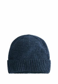 Tume tumesinine kudumispea, millel on ribitud äär ja sile tekstuur, valmistatud soojast kangast mugavuse tagamiseks.